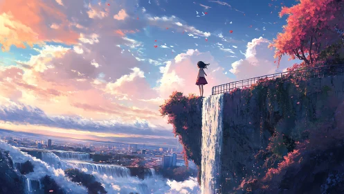 Anime cliffside panorama with cascading urban waterfalls.