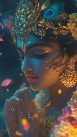 Luminescent deity portrait with jeweled headdress and bokeh lighting