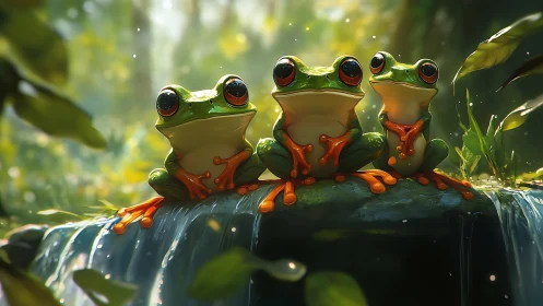 Three playful tree frogs rest by a sunlit forest waterfall