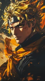 Battle ready anime warrior with golden hair and scarf.
