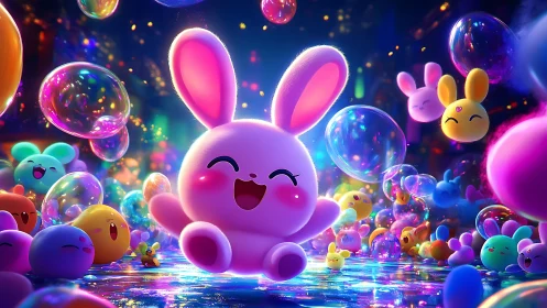 Bubble-bright bunny party in a neon candy dreamscape.