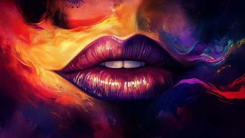 Chromatic vortex lips with luminous spectral brush dynamics.