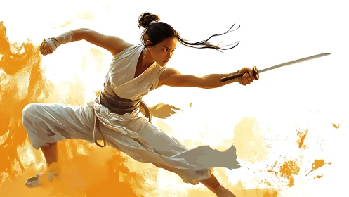 Sword dancer lunges through sunlit storm of golden dust.