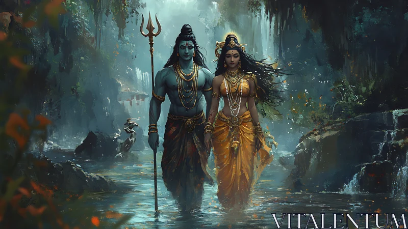Two mythic figures walk through shallow water in a forest