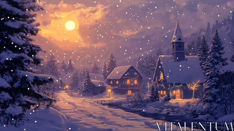 Snowy village evening wrapped in golden winter glow.