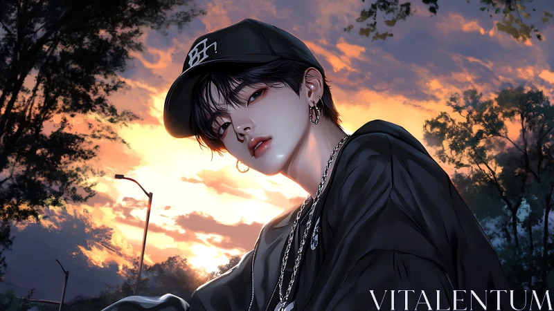 Streetwear portrait under vivid sunset sky backdrop.