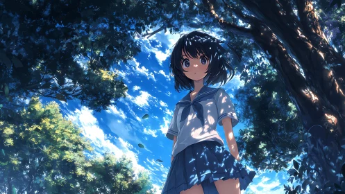 Anime forest portrait under dappled summer canopy light.