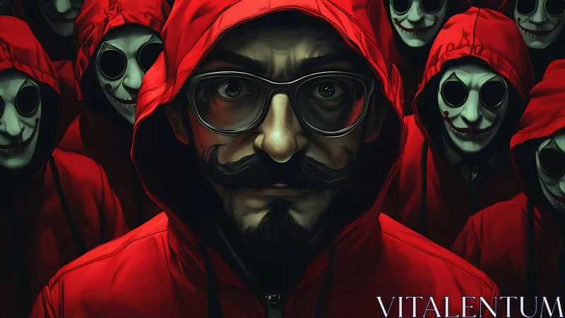 Man in red hooded jacket facing masked figures behind him.
