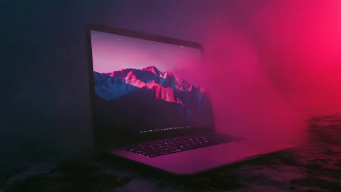 Backlit laptop in magenta fog with mountain landscape display