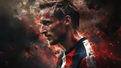 Fiery football portrait amid explosive digital smoke textures.