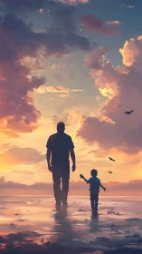 Silhouetted adult and child walking on reflective shore at dusk.