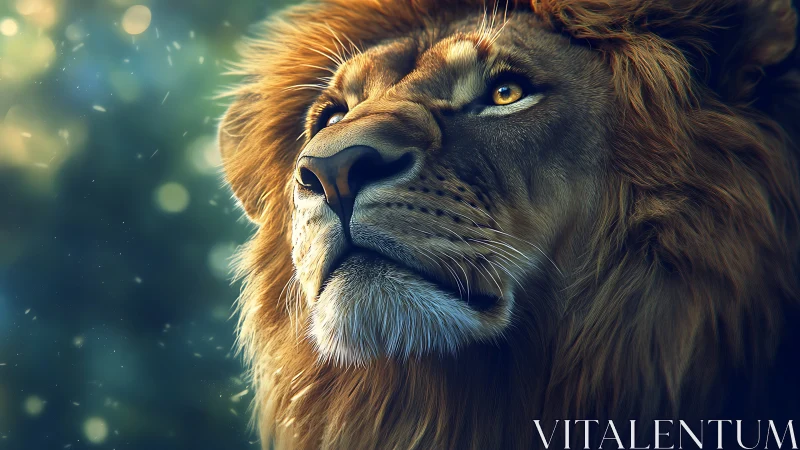 Regal lion portrait in glowing forest light at dusk.