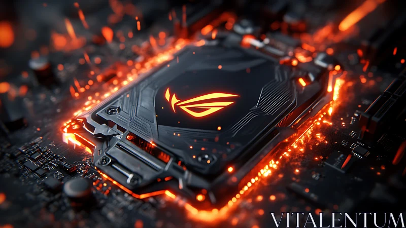 Overclocked gaming GPU module with neon orange thermal glow