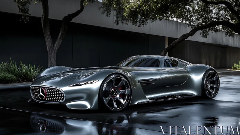 Futuristic silver Mercedes concept car on wet pavement.