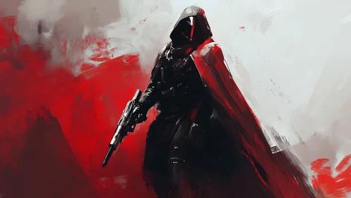 Armored cloaked marksman rendered in dynamic red-black brushwork