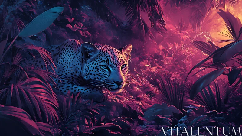 Leopard's Neon Jungle: A Mystical Encounter in Twilight.