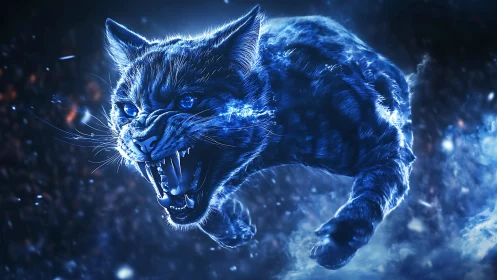 Fierce cosmic cat leaping through glowing blue stardust.