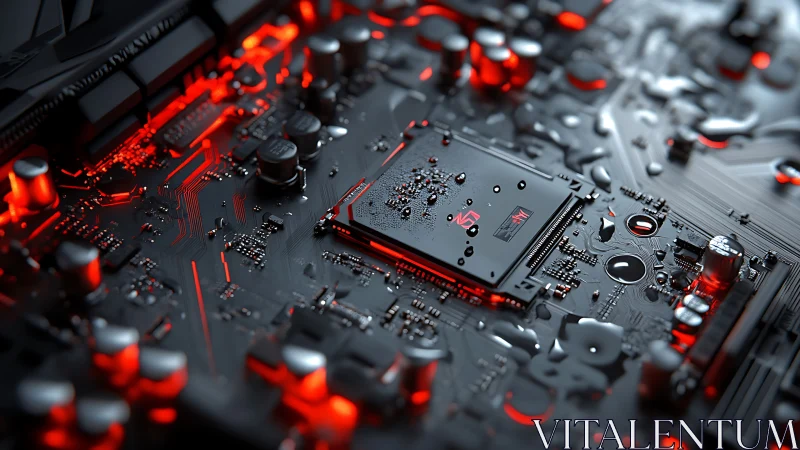 Wet gaming motherboard under red LED circuit lighting.