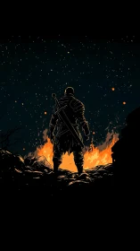 Armored figure stands before fire under starless night sky