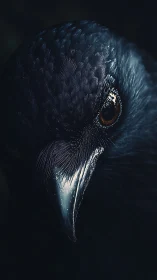 Macro raven portrait with high-contrast low-key lighting.