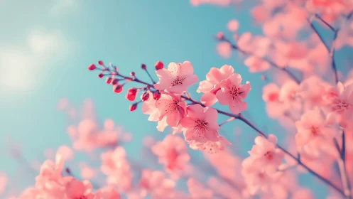 Pink Cherry Blossoms Against Turquoise Sky with Selective Focus.