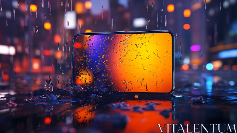 Waterproof smartphone stands bright against neon city rain.
