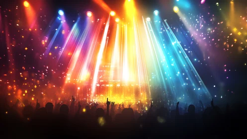 Crowd silhouettes stand under multicolored concert stage lights