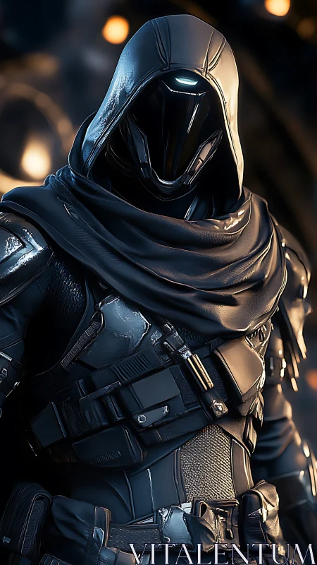 Midnight cyber assassin cloaked in gleaming tactical armor.