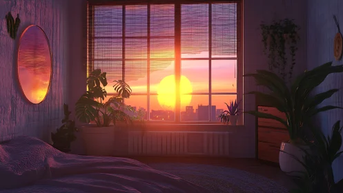 Interior bedroom scene displays sunset through large window