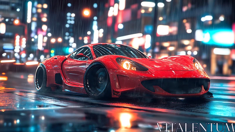 Red supercar slices through neon city streets in the rain
