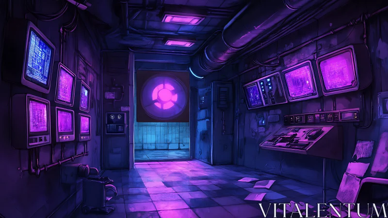 Neon lit control room with futuristic glowing consoles.