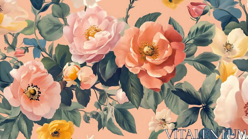 Blooming Garden: Pink, Coral, Yellow Florals on Peach.