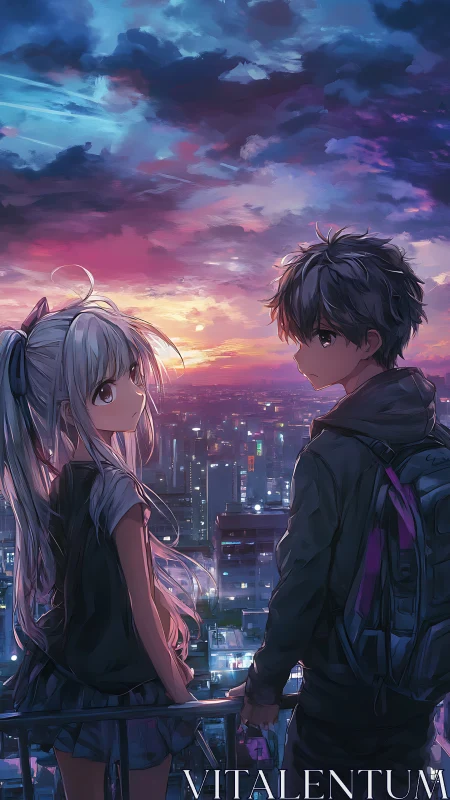 Twilight rooftop cityscape with anime teens facing sunset
