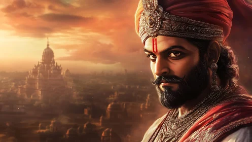 Regal warrior portrait set before expansive ancient city