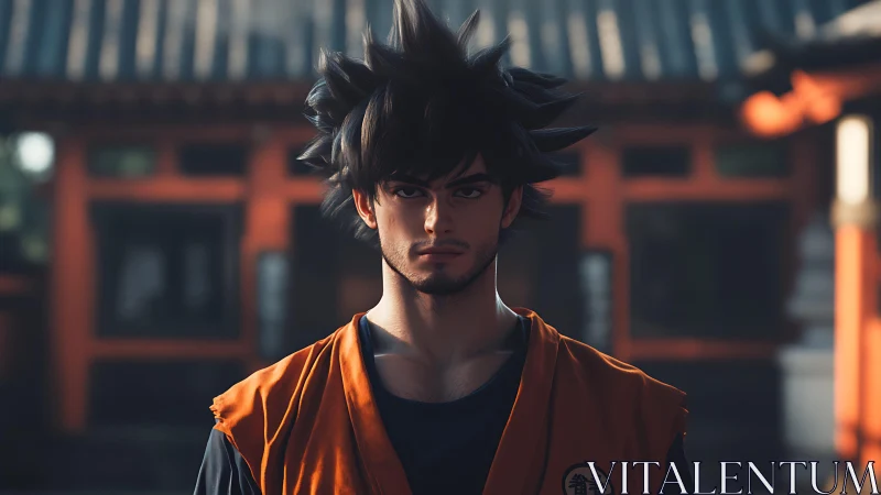 Male martial artist in orange gi before traditional building.