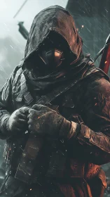 Hooded futuristic soldier waits in rain-soaked urban ruins