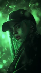 Neon green portrait of moody girl in cap and jacket.