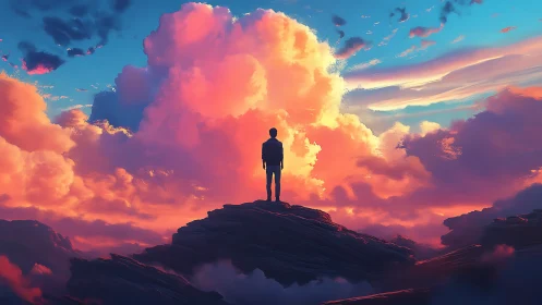 Sunset clouds welcome a lone dreamer atop a quiet peak
