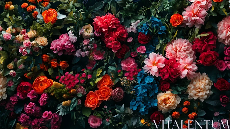 Dense Floral Arrangement with Multiple Rose Varieties