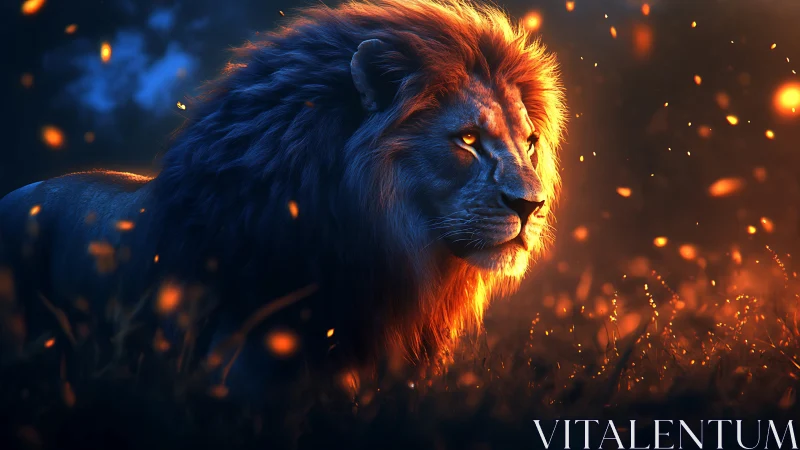Ember-eyed lion strolls through twilight sparks and silence