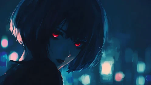 Nocturnal portrait with crimson eyes and neon bokeh glow.