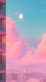 High-rise balcony overlooks pastel city skyline and moon