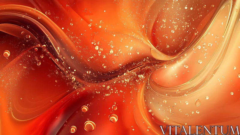 Luminous orange fluid waves with floating golden droplets.
