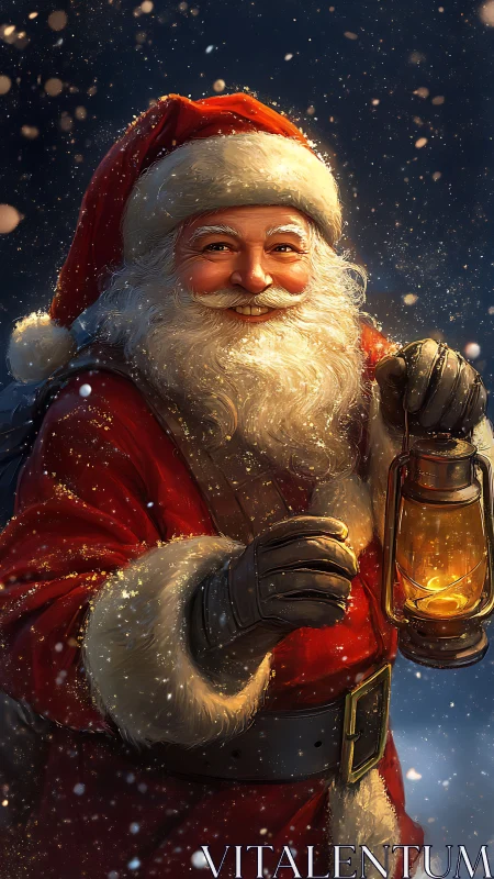 Warmly lit Santa Claus with lantern in swirling snowfall
