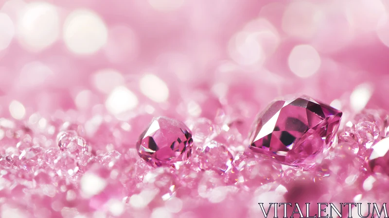 Macro photographic study of faceted pink gemstones on bokeh field