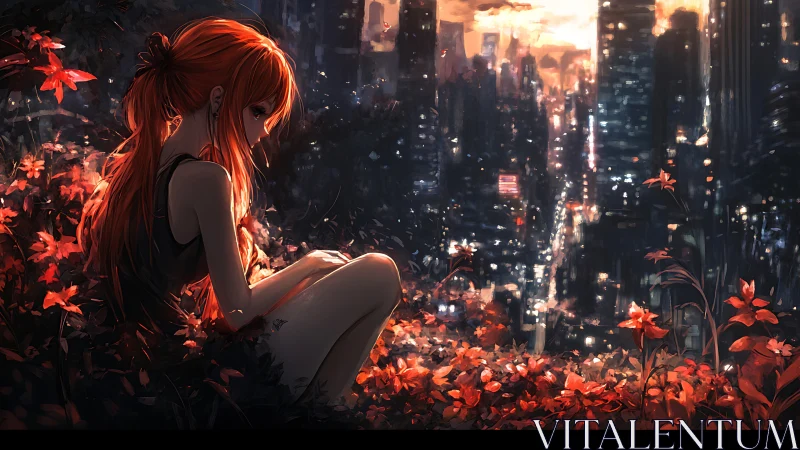 Melancholic anime girl overlooks neon city from red-lit rooftop