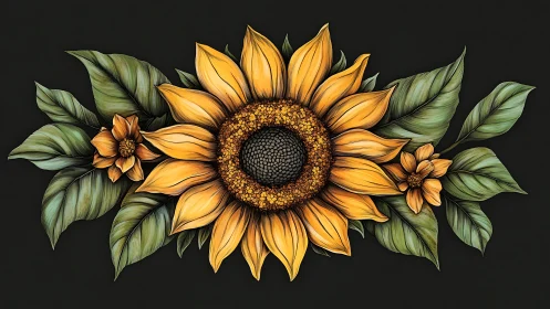 Detailed digital sunflower bouquet on dark background.