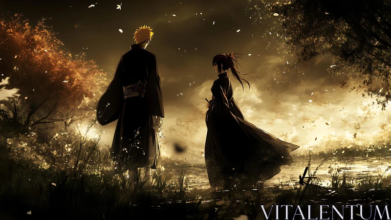 Two robed figures by reflective water at dusk in autumn.