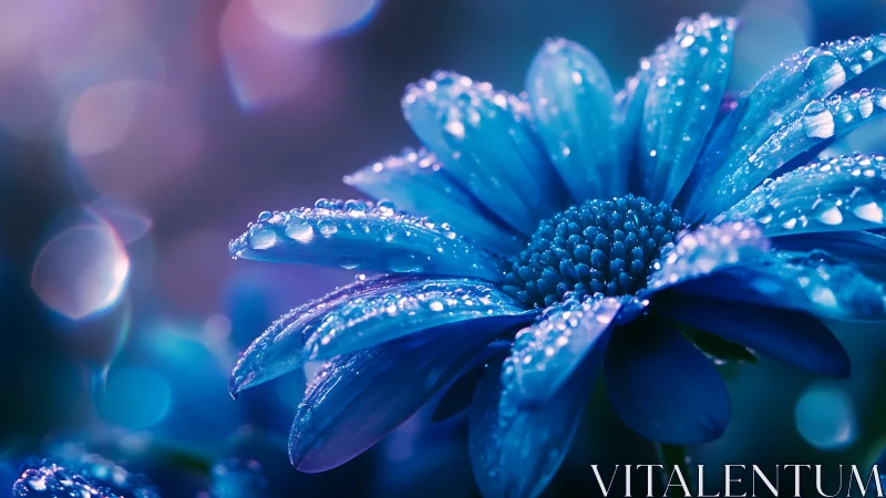 Blue Daisy Petals Suspended in Dew Droplets.