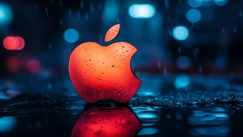 Red apple-shaped logo stands in wet urban night scene